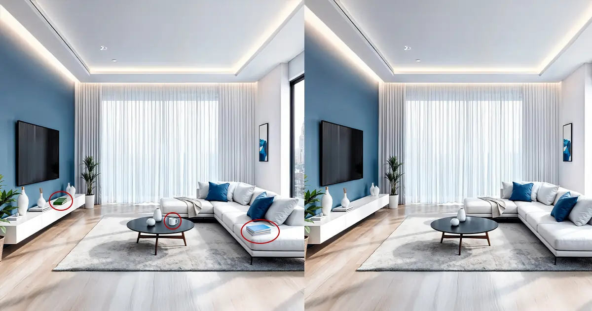 Modern living room before and after comparison showing decluttered coffee table and sofa with removed items.