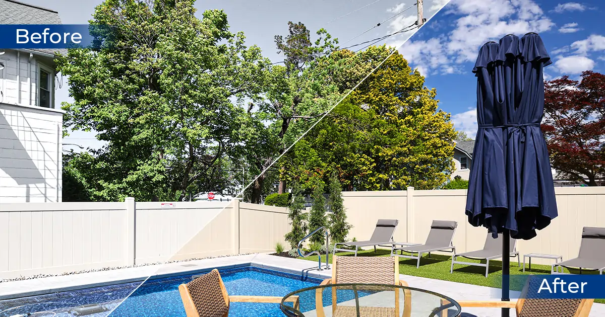 Before-and-after real estate photo of a backyard pool area with enhanced sky, colors, and removed distractions