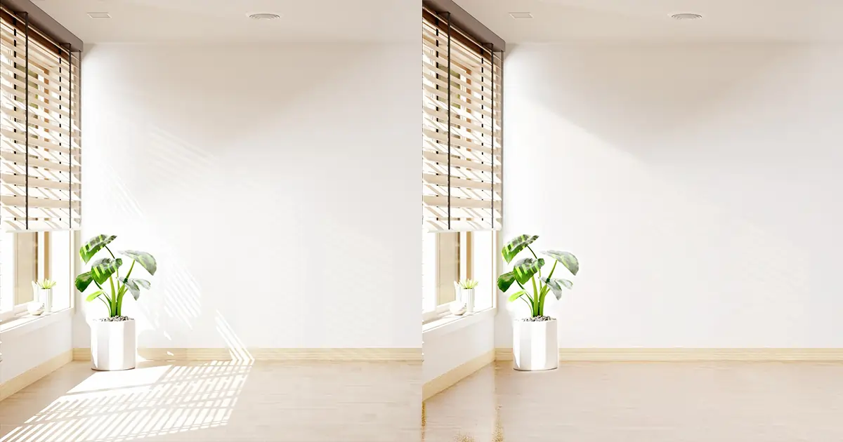 Before-and-after photo of a sunlit room with wooden blinds casting shadows on the floor.